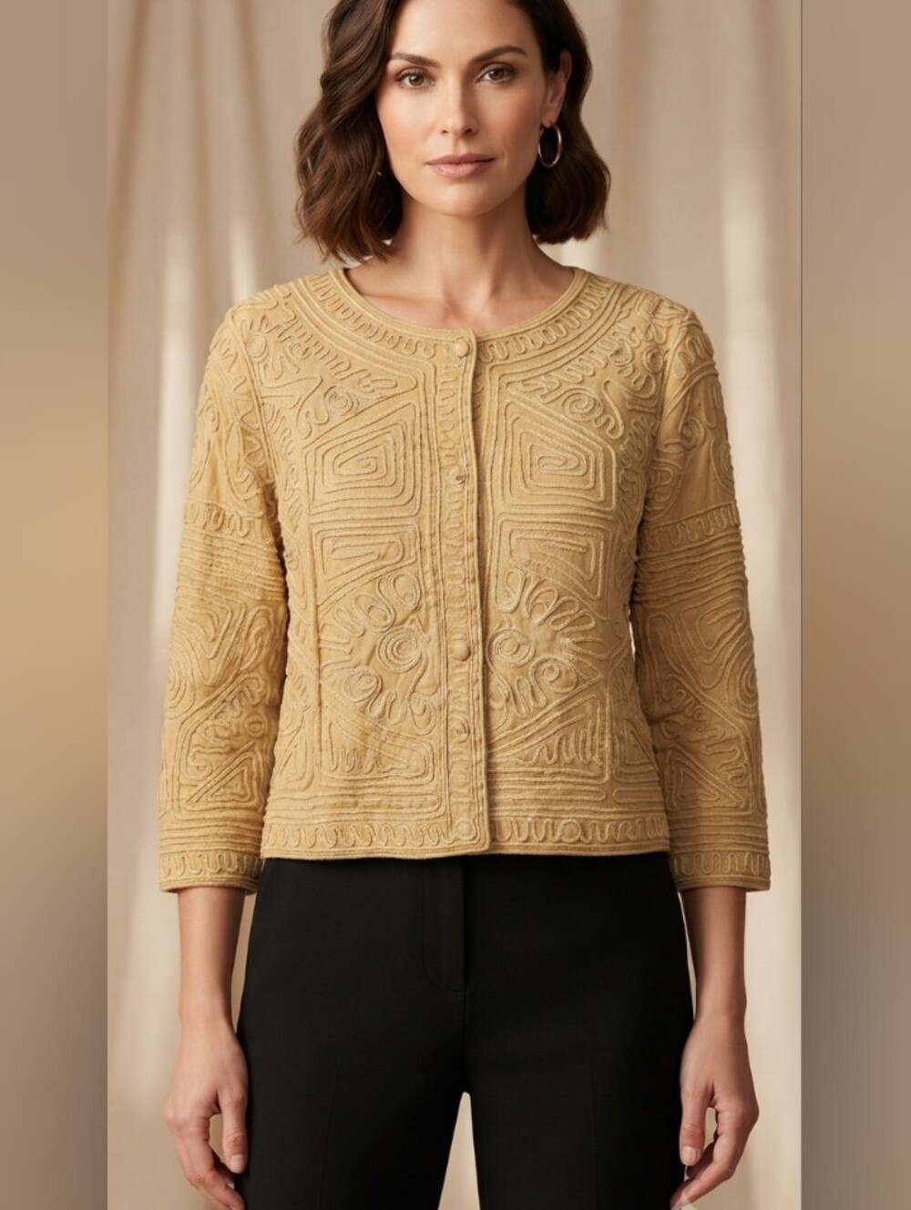 Joni B. gold jacket  intricate embroidered  trim and a structured, size medium